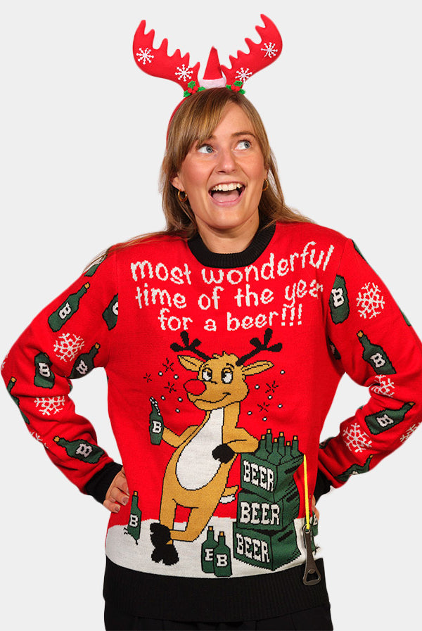 Jersey Navideño Parejas Reno con Abridor de Cerveza Mujer