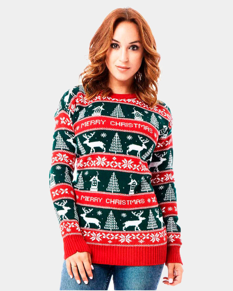 Jersey Navideño Mujer Rayas Verdes y Rojas Merry Christmas