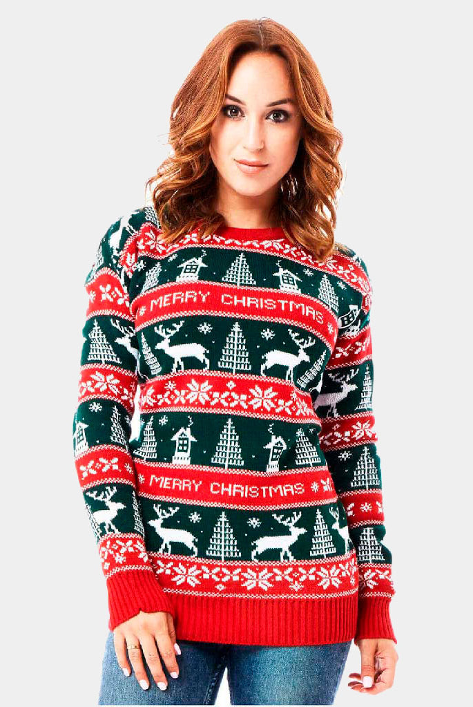 Jersey Navideño Mujer Rayas Verdes y Rojas Merry Christmas