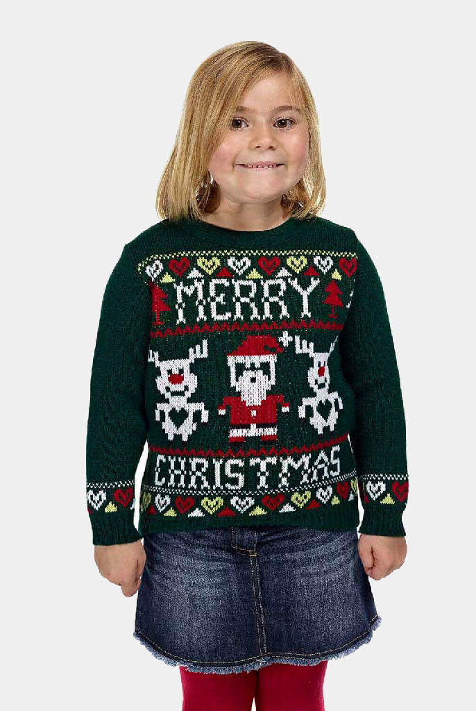 Jersey Navideño Niña Verde con Renos y Papá Noel