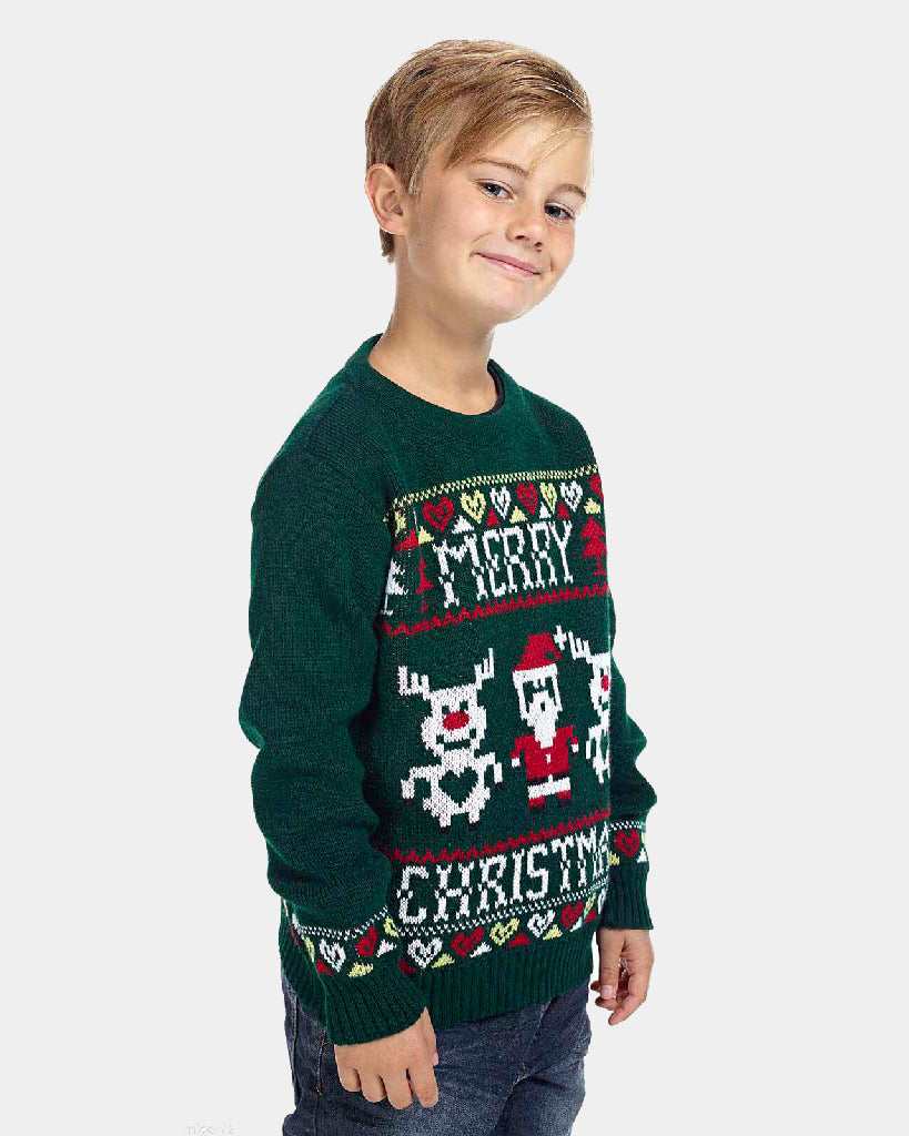 Jersey Navideño Niño Verde con Renos y Papá Noel