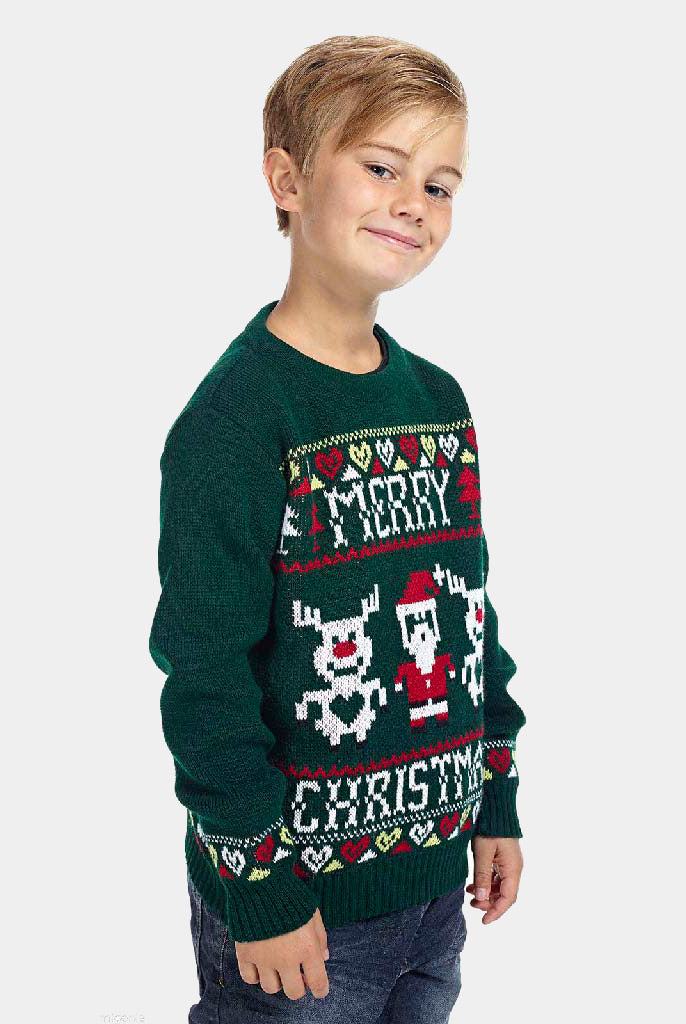 Jersey Navideño Niño Verde con Renos y Papá Noel