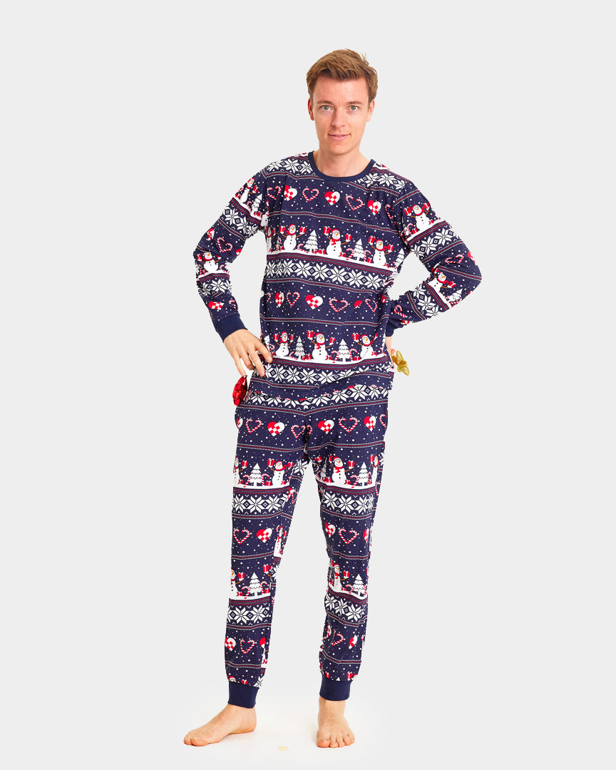 Pijama de Navidad Adultos Unisex Azul con Muñecos de Nieve y Corazones Hombre