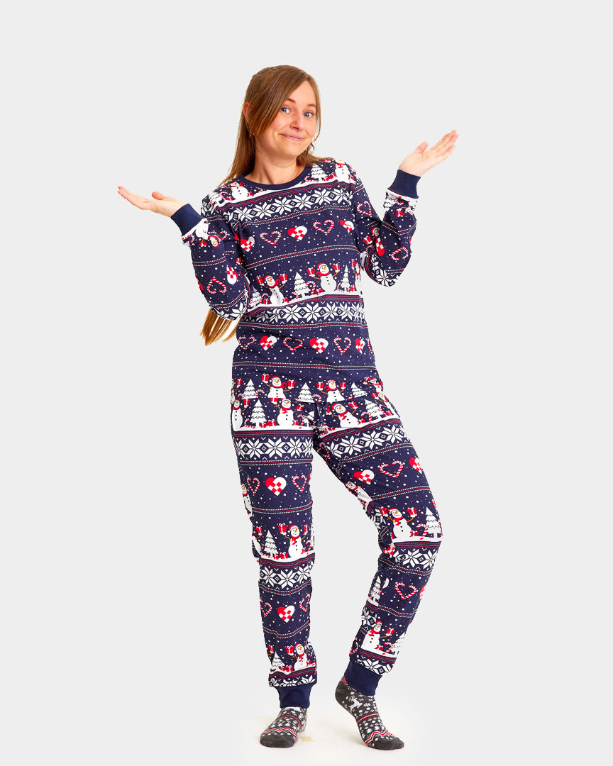 Pijama de Navidad Adultos Unisex Azul con Muñecos de Nieve y Corazones