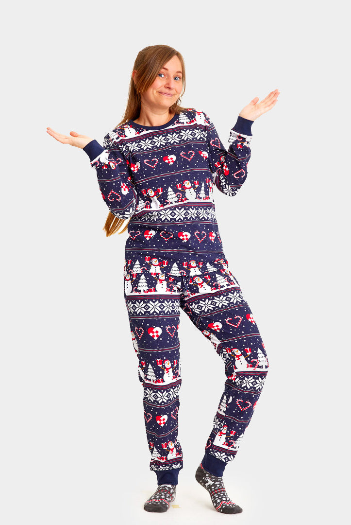 Pijama de Navidad Adultos Unisex Azul con Muñecos de Nieve y Corazones