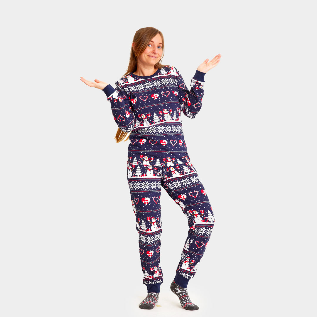 Pijama de Navidad Adultos Unisex Azul con Muñecos de Nieve y Corazones