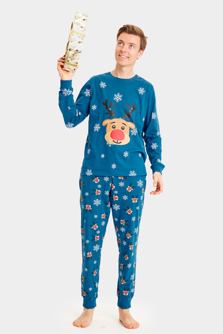 Pijama de Navidad Adultos Unisex Azul con Reno Rudolph Hombre
