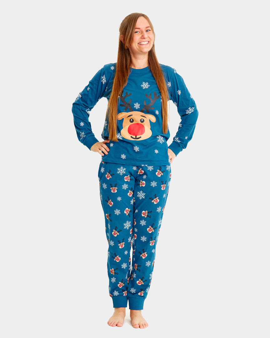 Pijama de Navidad Adultos Unisex Azul con Reno Rudolph Mujer