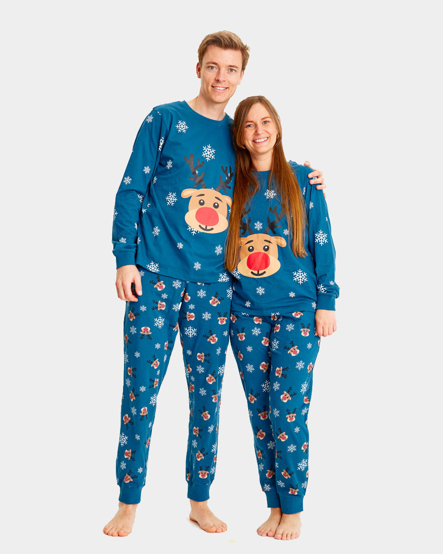 Pijama de Navidad Adultos Unisex Azul con Reno Rudolph Pareja