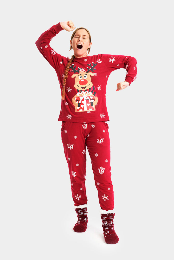 Pijama de Navidad Adultos Unisex Rojo Reno Rodolfo Mujer