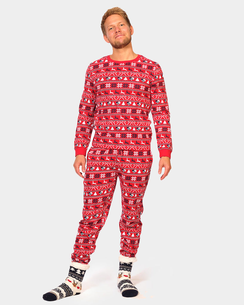 Pijama de Navidad Adultos Unisex Rojo con Renos y Árboles Hombre