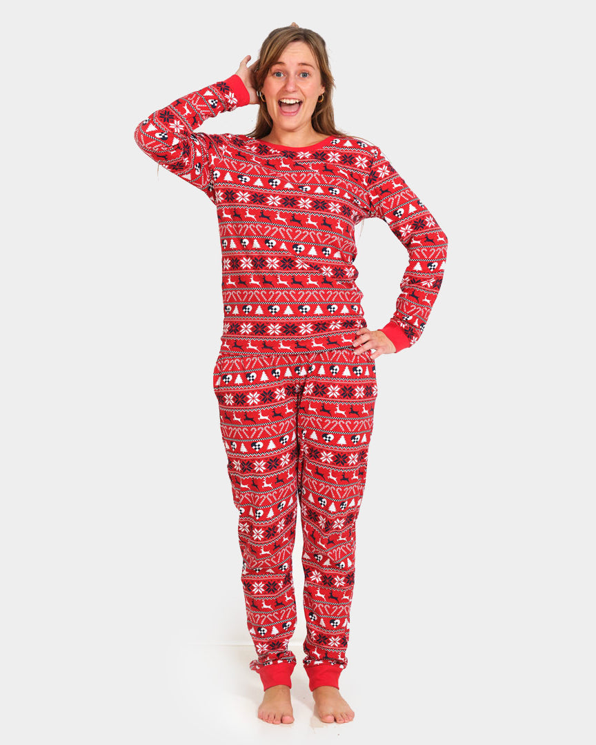 Pijama de Navidad Adultos Unisex Rojo con Renos y Árboles Mujer