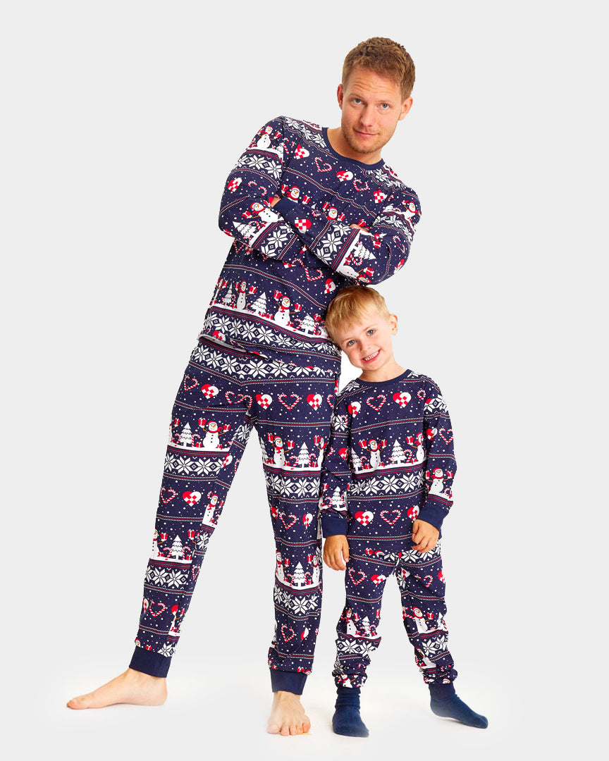 Pijama de Navidad para Niños Azul con Muñecos de Nieve y Corazones Hombre