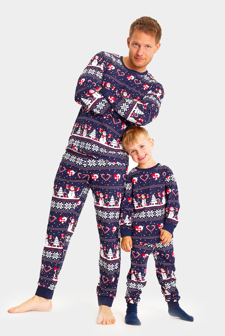 Pijama de Navidad para Niños Azul con Muñecos de Nieve y Corazones Hombre