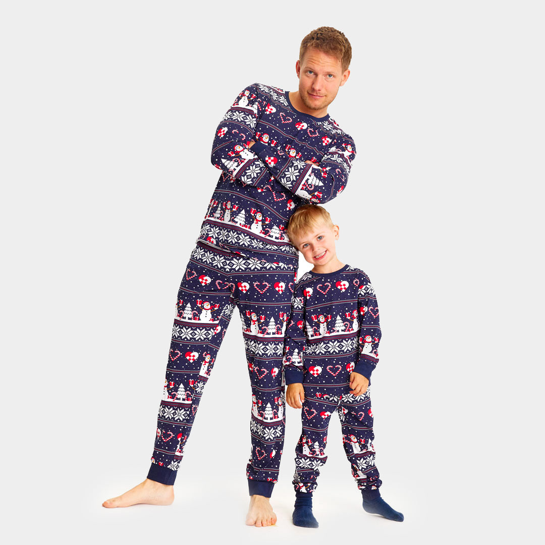 Pijama de Navidad para Niños Azul con Muñecos de Nieve y Corazones Hombre