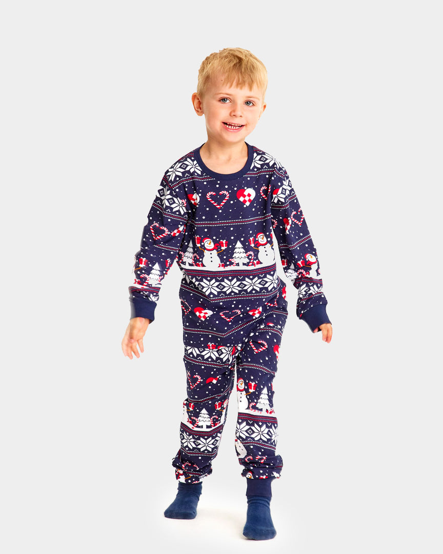 Pijama de Navidad para Niños Azul con Muñecos de Nieve y Corazones