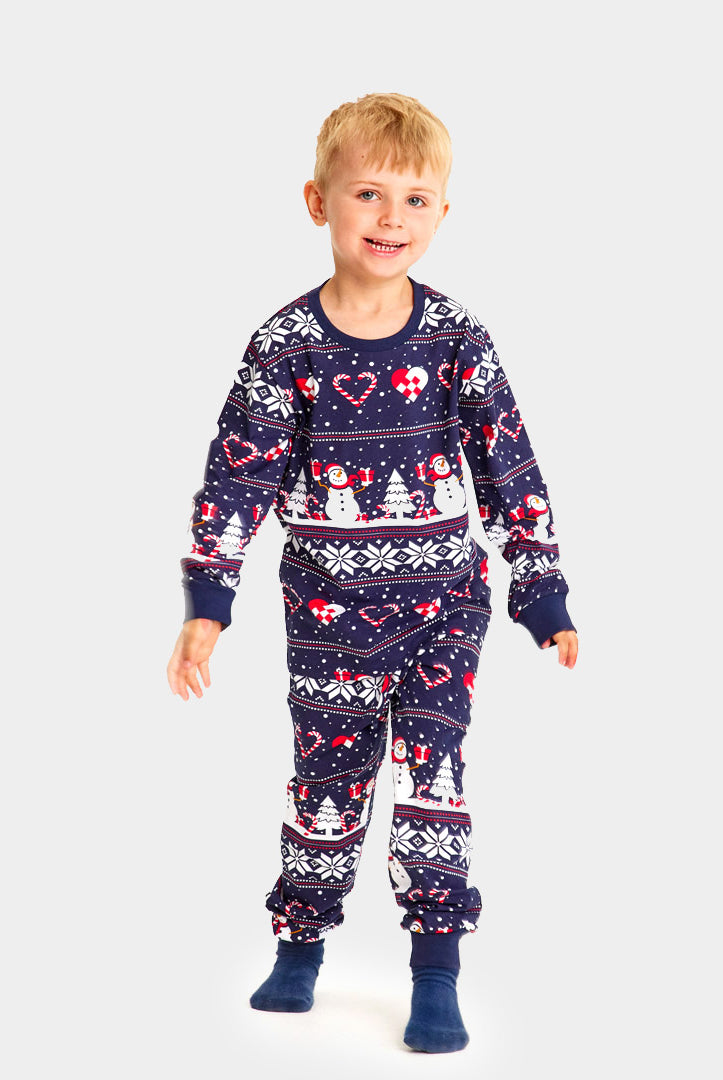 Pijama de Navidad para Niños Azul con Muñecos de Nieve y Corazones