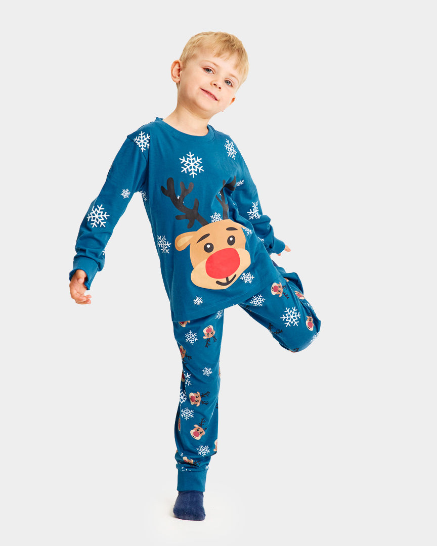 Pijama de Navidad para Niños Azul con Reno Rudolph