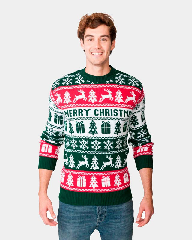 Jersey Navideño Hombre Rayas Verdes Rojas y Blancas Merry Christmas