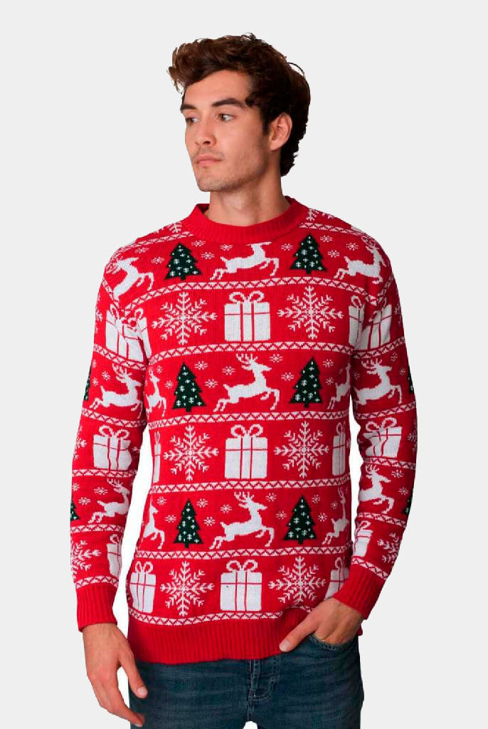 Jersey Navideño Hombre Rojo con Renos Árboles y Regalos