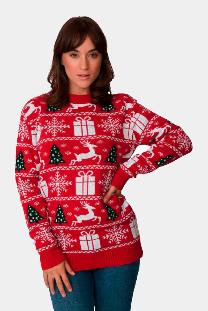 Jersey Navideño Mujer Rojo con Renos Árboles y Regalos
