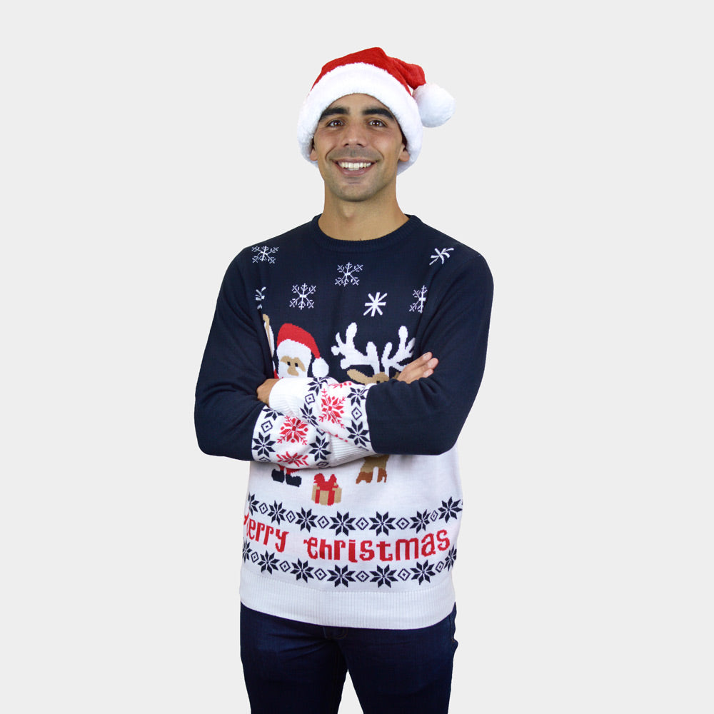 Jersey de Navidad Parejas Papá Noel y Reno Rudolph Azul hombre