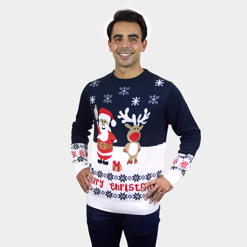 Jersey de Navidad Azul para Hombre Papá Noel y Reno Rudolph