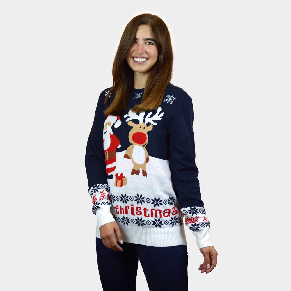 Jersey de Navidad Azul Papá Noel Reno para Mujer Rudolph Algodón Orgánico