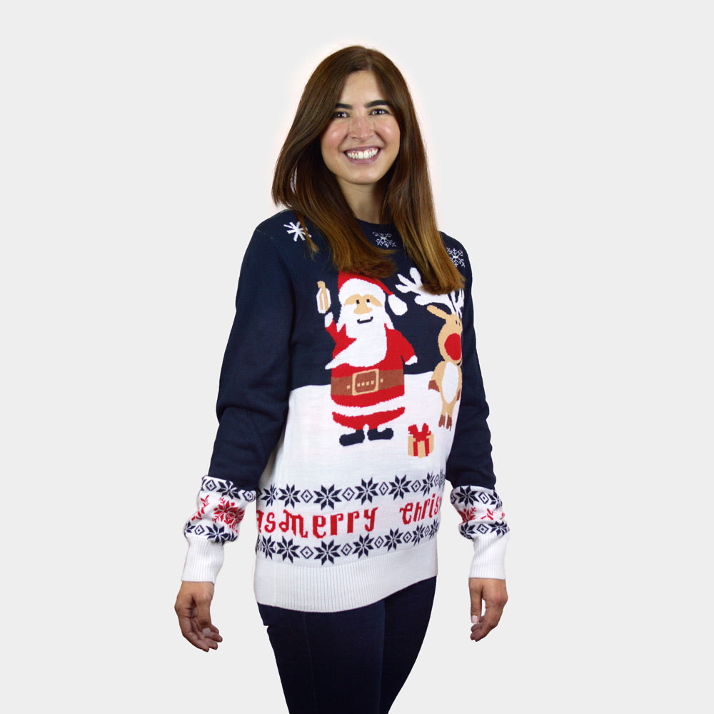 Jersey de Navidad Parejas Azul Papá Noel Reno Rudolph Algodón Orgánico mujer