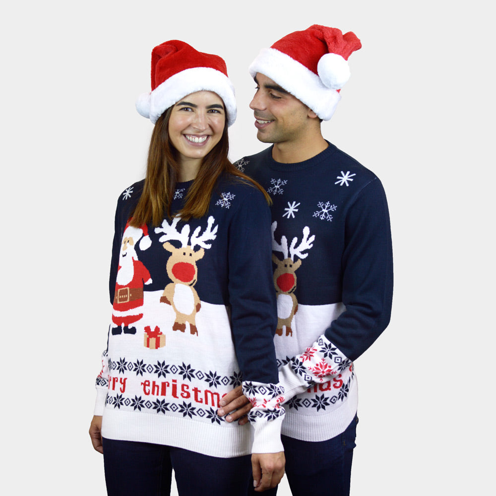 Jersey de Navidad Parejas Papá Noel y Reno Rudolph Azul