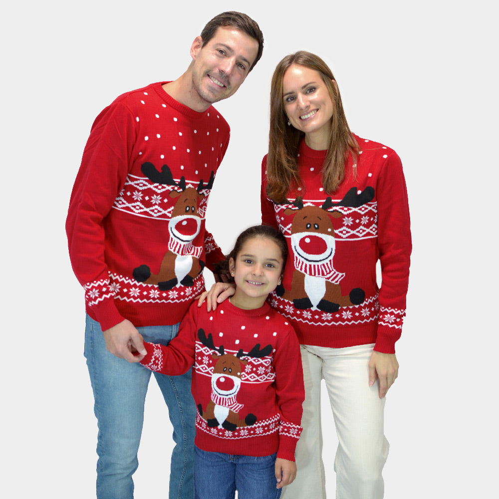 Jersey de Navidad para Familia Rojo Reno Rudolph Bufanda