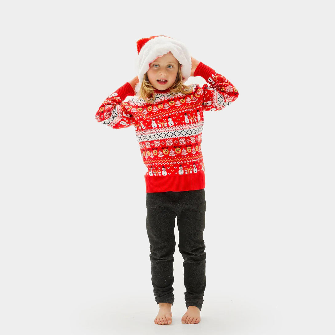 Jersey de Navidad Niña y Niño Rojo Muñecos y Cenefas Algodón Orgánico 