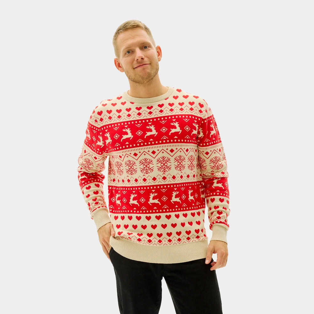 Jersey de Navidad para Hombre Corazones Rojos y Beige Algodón Orgánico