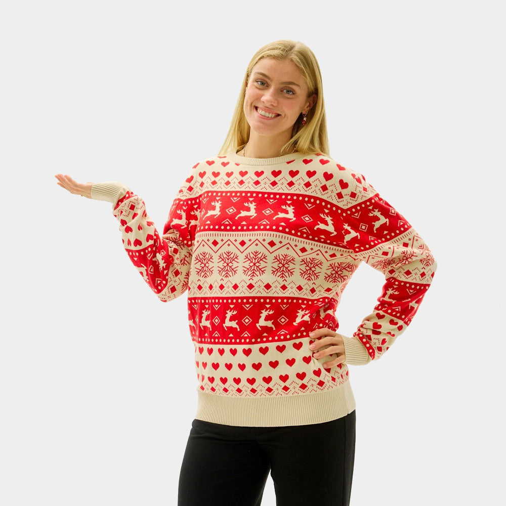 Jersey de Navidad para Mujer Corazones Rojos y Beige Algodón Orgánico