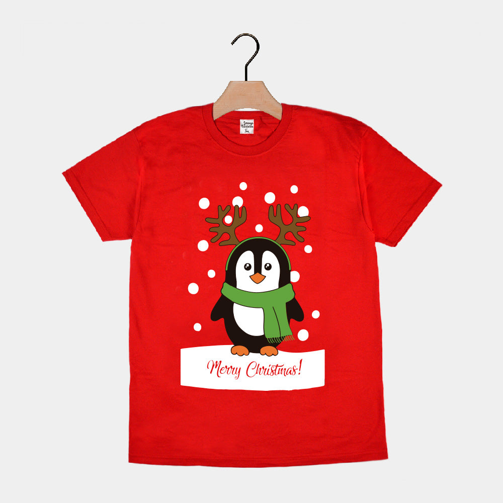 Camiseta de Navidad para Familia Roja con Pingüino