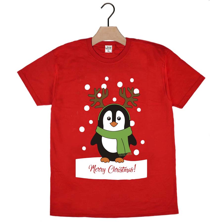 Camiseta de Navidad para Familia Roja con Pingüino