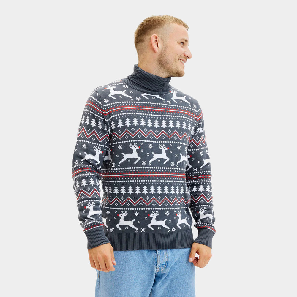 Jersey de Navidad cuello alto Hombre Gris  Renos Algodón Orgánico