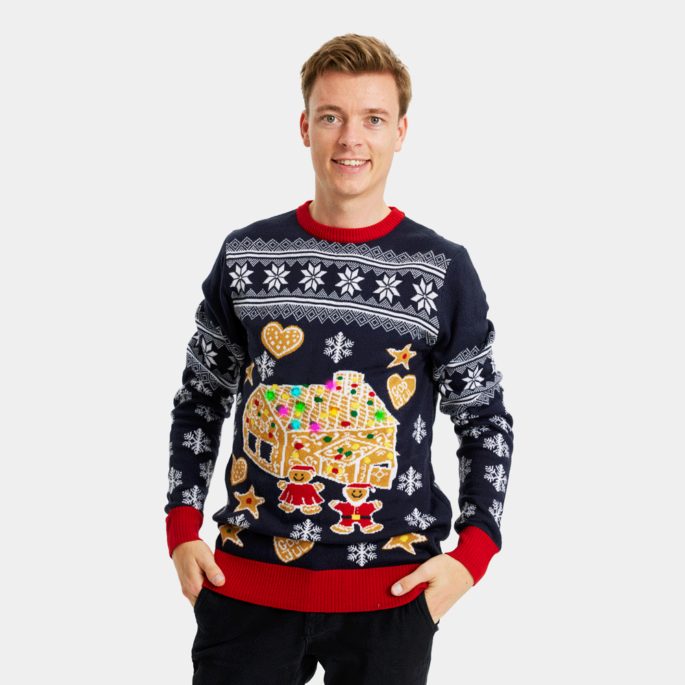 Hombre Jersey de Navidad con Luces LED Parejas Casa Gingerbread