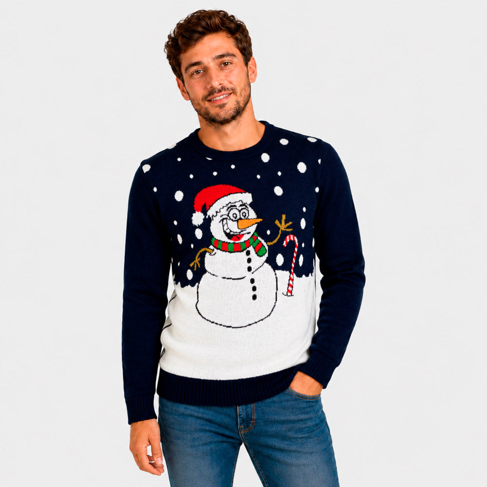 Jersey de Navidad Azul Marino Muñeco de Nieve Hombre
