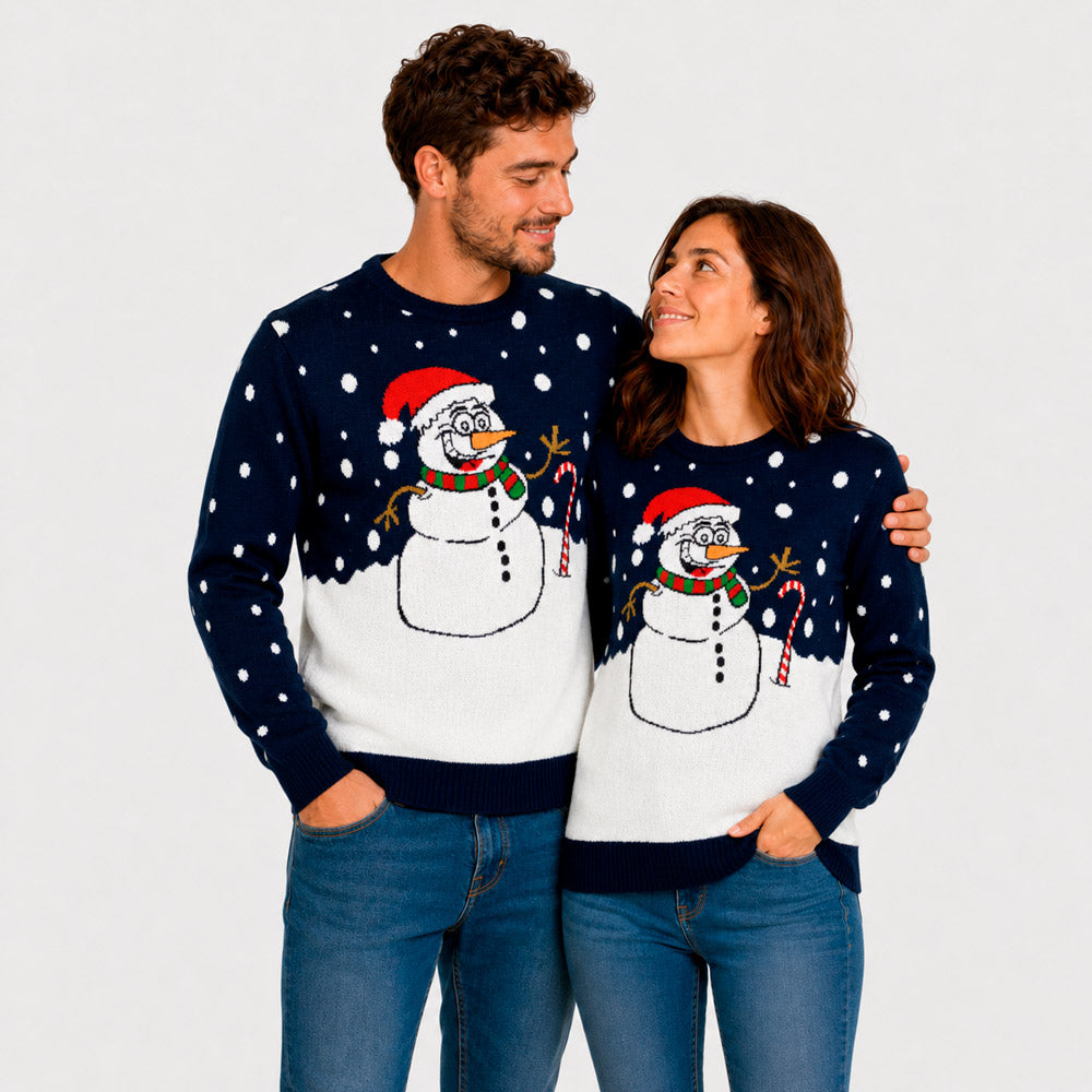 Jersey de Navidad Azul Marino Muñeco de Nieve Pareja
