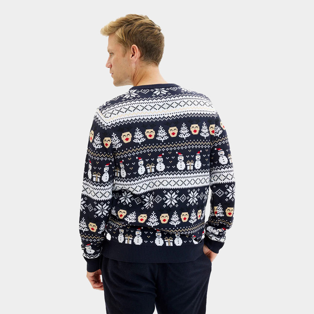 Jersey de Navidad Azul Muñecos de Nieve y Cenefas hombre