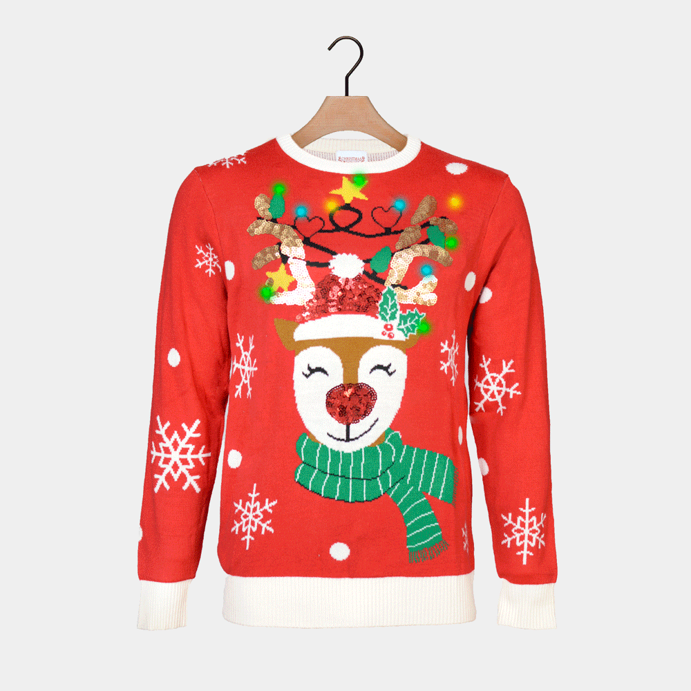 Jersey de Navidad Luces LED Familia Brillante Lentejuelas Reno 
