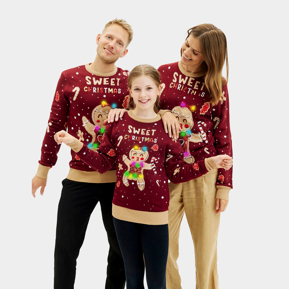 Jersey de Navidad Familia Luces LED para Niña y Niño Rojo Ginger Cookie
