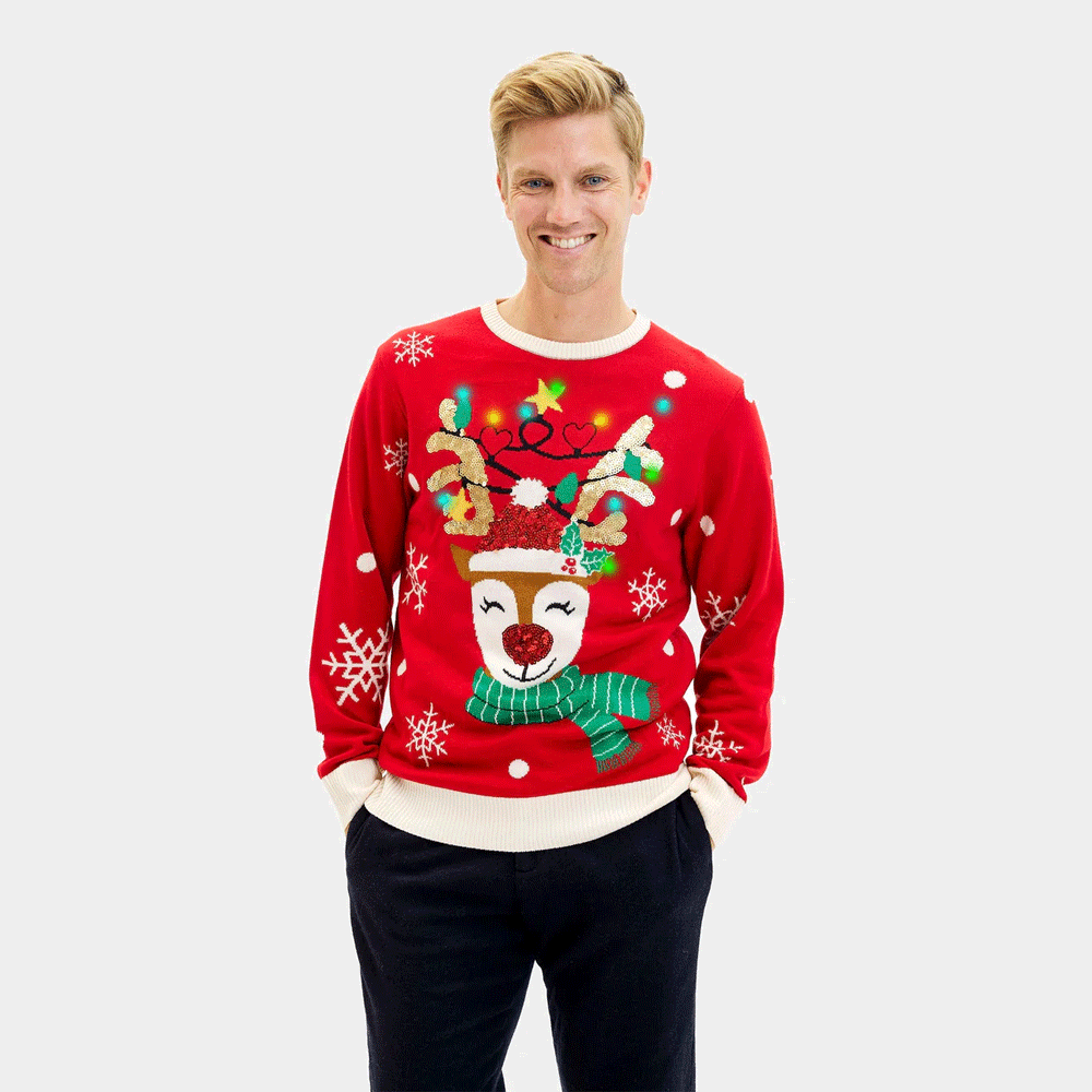Jersey de Navidad Luces LED Familia Reno Brillante Lentejuelas Hombre
