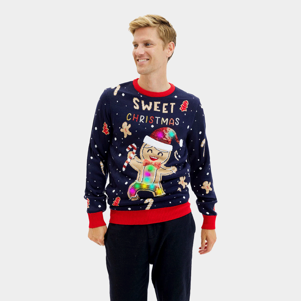 Jersey de Navidad con Luces LED para Hombre Azul Ginger Cookie
