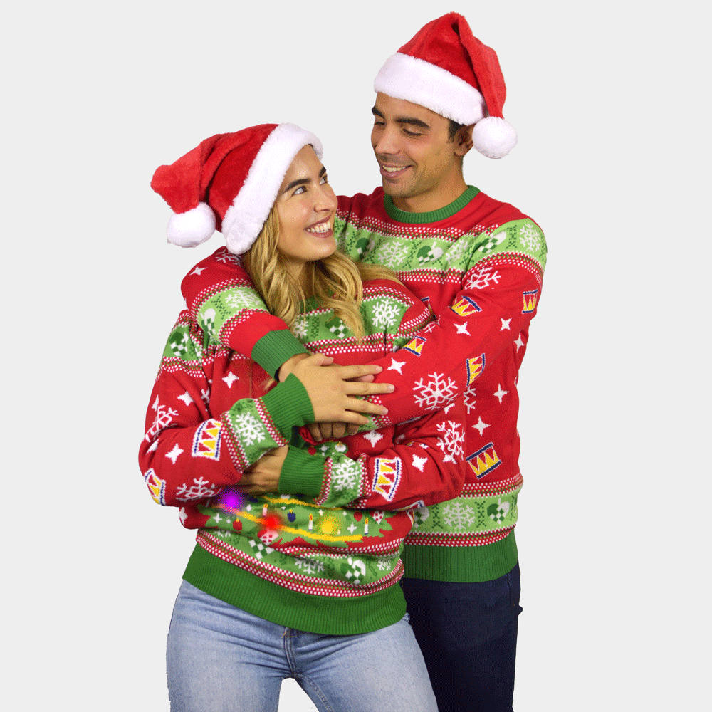 Jersey de Navidad Pareja Luces LED para Niña y Niño Rojo Árbol Navidad
