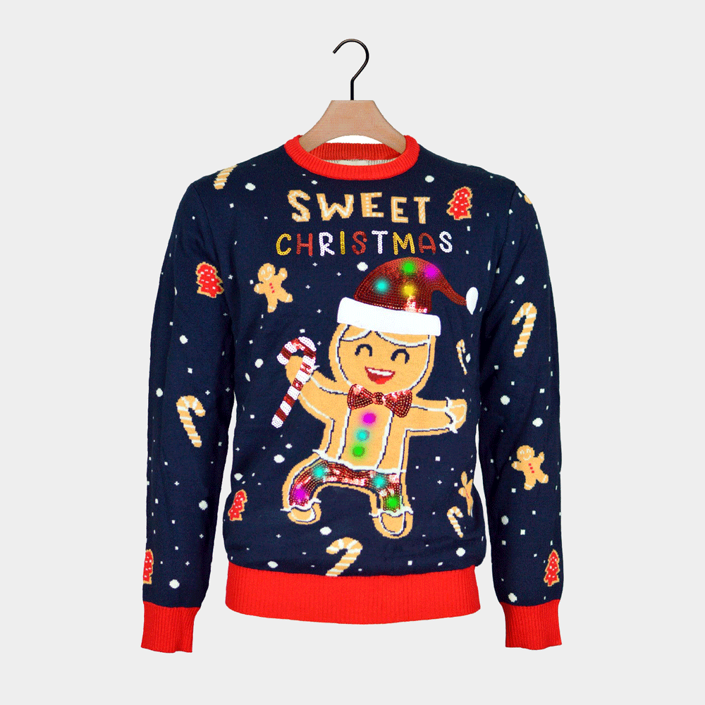 Jersey de Navidad Cookie Luces LED Parejas Azul Ginger 
