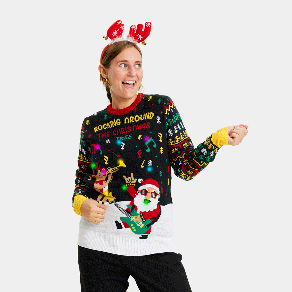 Jersey de Navidad con Luces LED Parejas Santa Mujer Rockero
