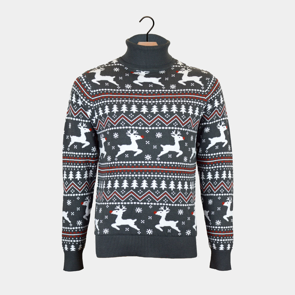 Jersey de Navidad de cuello alto Gris Renos Algodón Orgánico Parejas 
