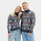 Jersey de Navidad de cuello alto Parejas Gris con Renos Algodón Orgánico